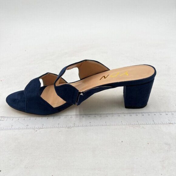 YDN Navy Suede Open Toe Mules Double Band Chunky Low Heel Sandals Beach Shoes - Picture 1 of 7